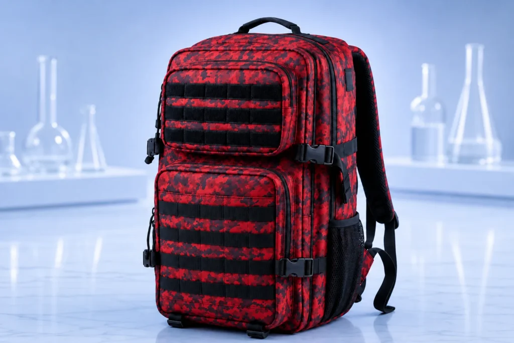 Red and black tactical backpack with multiple compartments and MOLLE webbing
