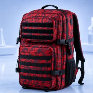 Red and black tactical backpack with multiple compartments and MOLLE webbing